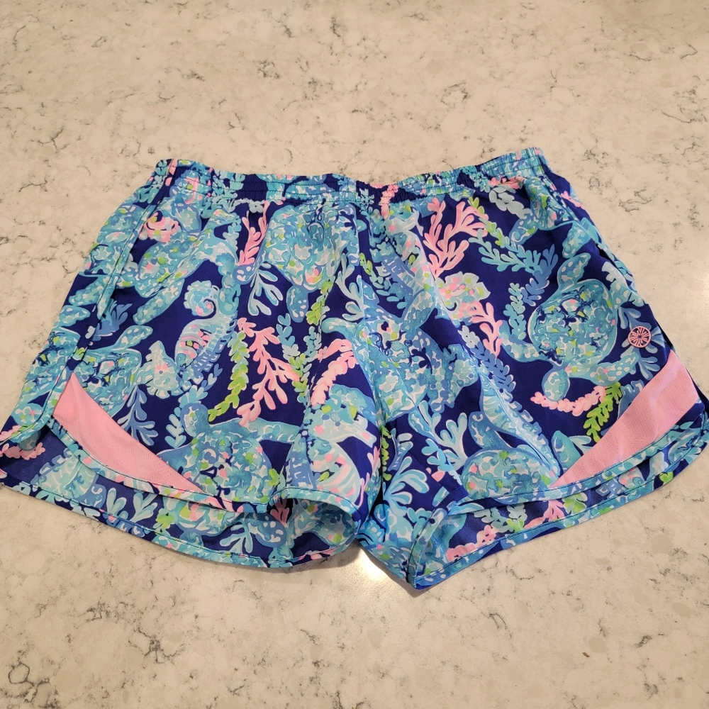Lilly Pulitzer Pink and Blue Athletic Luxletic Shorts Vibrant Design Size Small - Picture 2 of 14